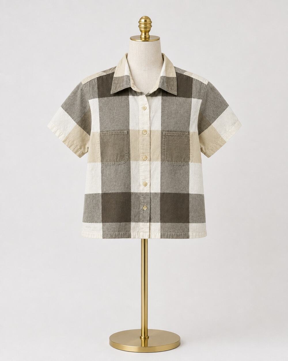 Copied - Taupe Collared Buffalo Plaid Short Sleeve Cotton Top